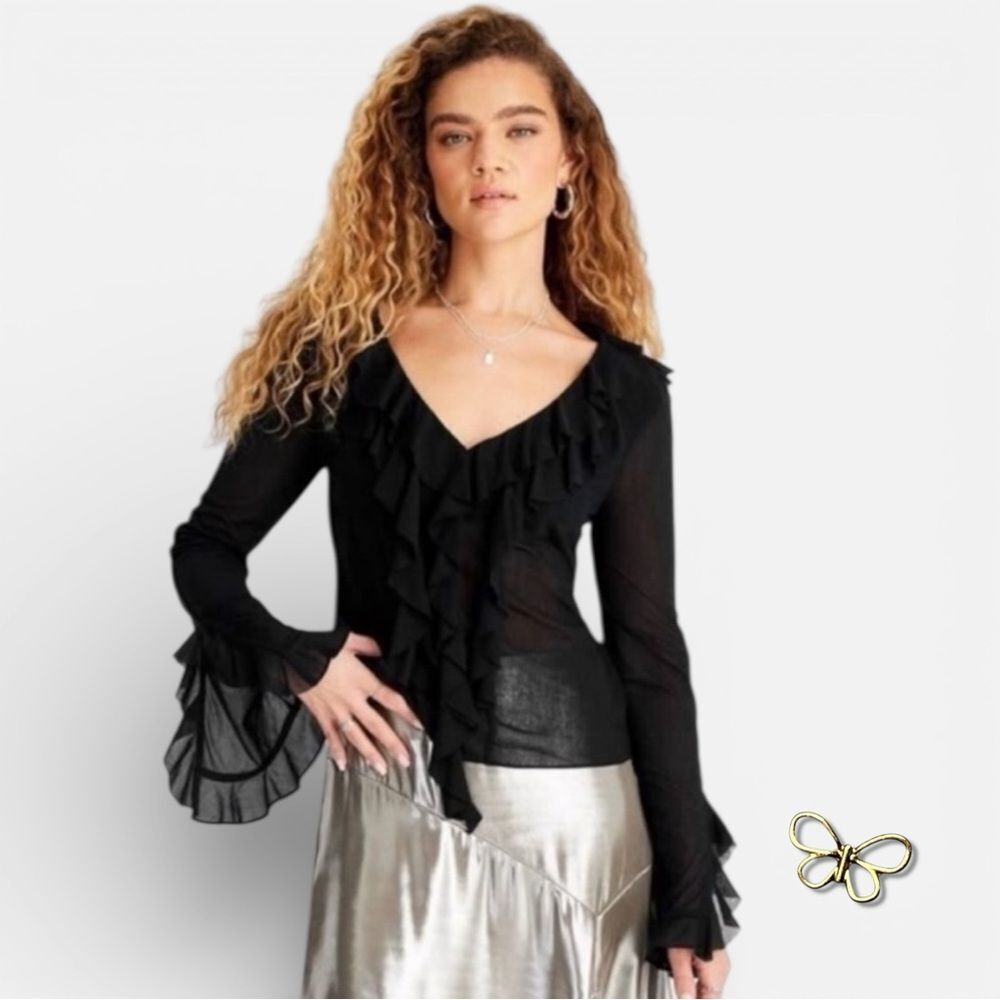 🥳 3/$26 Future Collective Black Ruffle V-Neck Sheer Blouse Size S